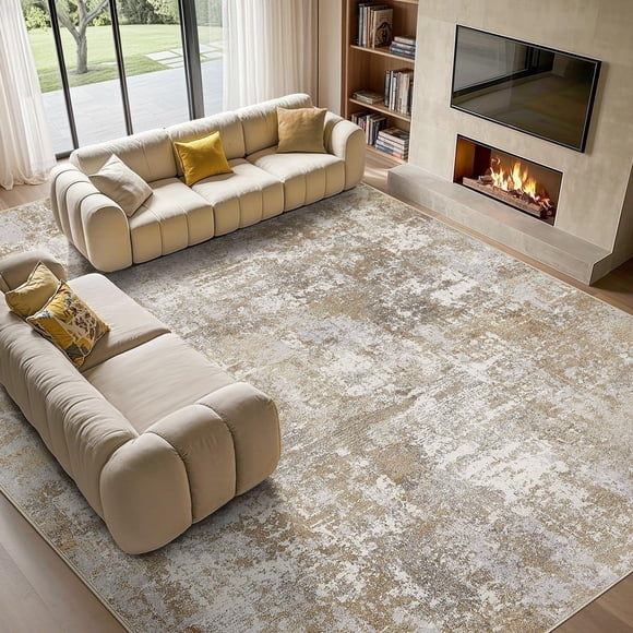 Alfombra Area Tortania, lavable, moderna, abstracta, 9 x 12 pies, marrón y gris