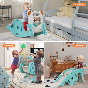4-in-1 Kids Slide Rocking Toy, Portable Combination Slide for Children, Rocking Horse with Basketball Hoop, Convertible Freestanding Slide for Age 1-6 Boys And Girls-Green