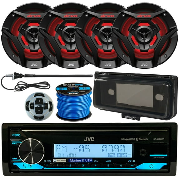 Single DIN Marine Digital Media USB AUX Bluetooth MP3 Receiver Bundle Combo with 4x 6.5" 260W 2-Way Black Boat Audio Speakers with MultiColor LEDs, Wired Remote, Receiver Shield, Antenna, Wiring