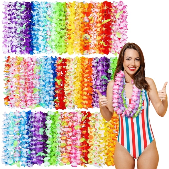 Elcoho 144 Pieces Colorful Hawaiian Leis Bulk, 36 Colors Luau Party Decorations, Tropical Flower Necklaces, Hawaiian Garland for Summer Beach Pool Birthday Party Favors