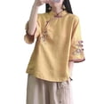thumbnail image 3 of YanHoo Vintage Traditional Embroidered Tang Suit for Women 3/4 Sleeve Knitting Cotton Loose Blouse Shirts with Chinese Frog Button Tops Yellow,XXXL, 3 of 7