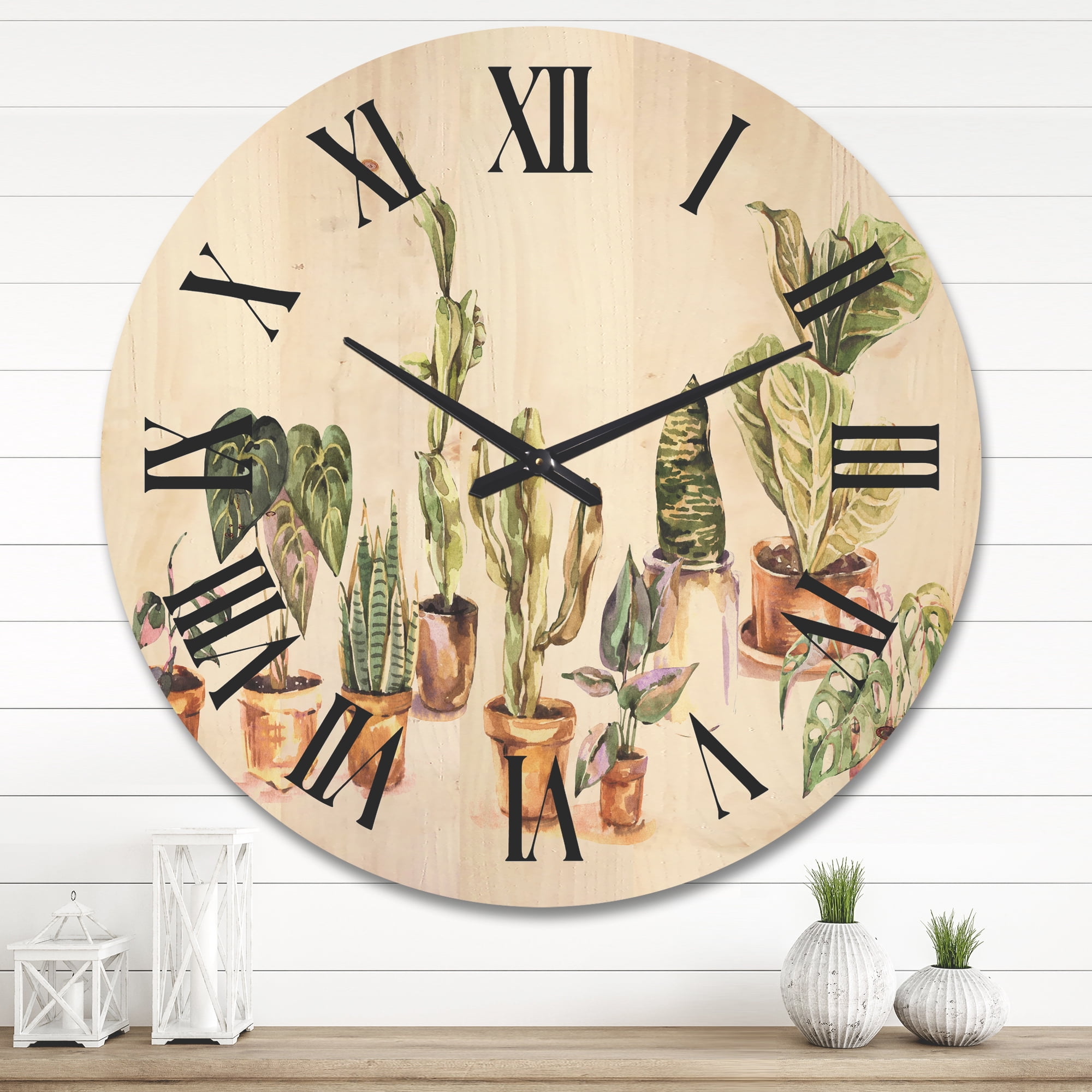 Designart 'Indoor House Plants Urban Jungle in Flowerpots I' Traditional Wood Wall Clock