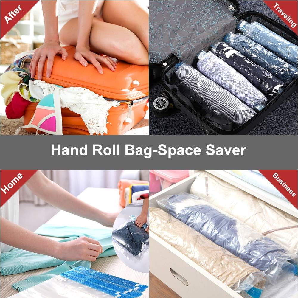 10 Pack Space Saver Bags, Compression Bags for Travel, Travel Essentials, Hand roll vacuum bag, No Vacuum or Pump Needed, Vacuum Storage Bags for Travel Accessorie, Travel and Home Packing Organizers