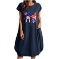 thumbnail image 1 of Vestido suelto informal de manga corta con bolsillo y cuello redondo con estampado del Día de la Independencia de algodón y lino de verano para mujer Fridja  qw3558, 1 of 4