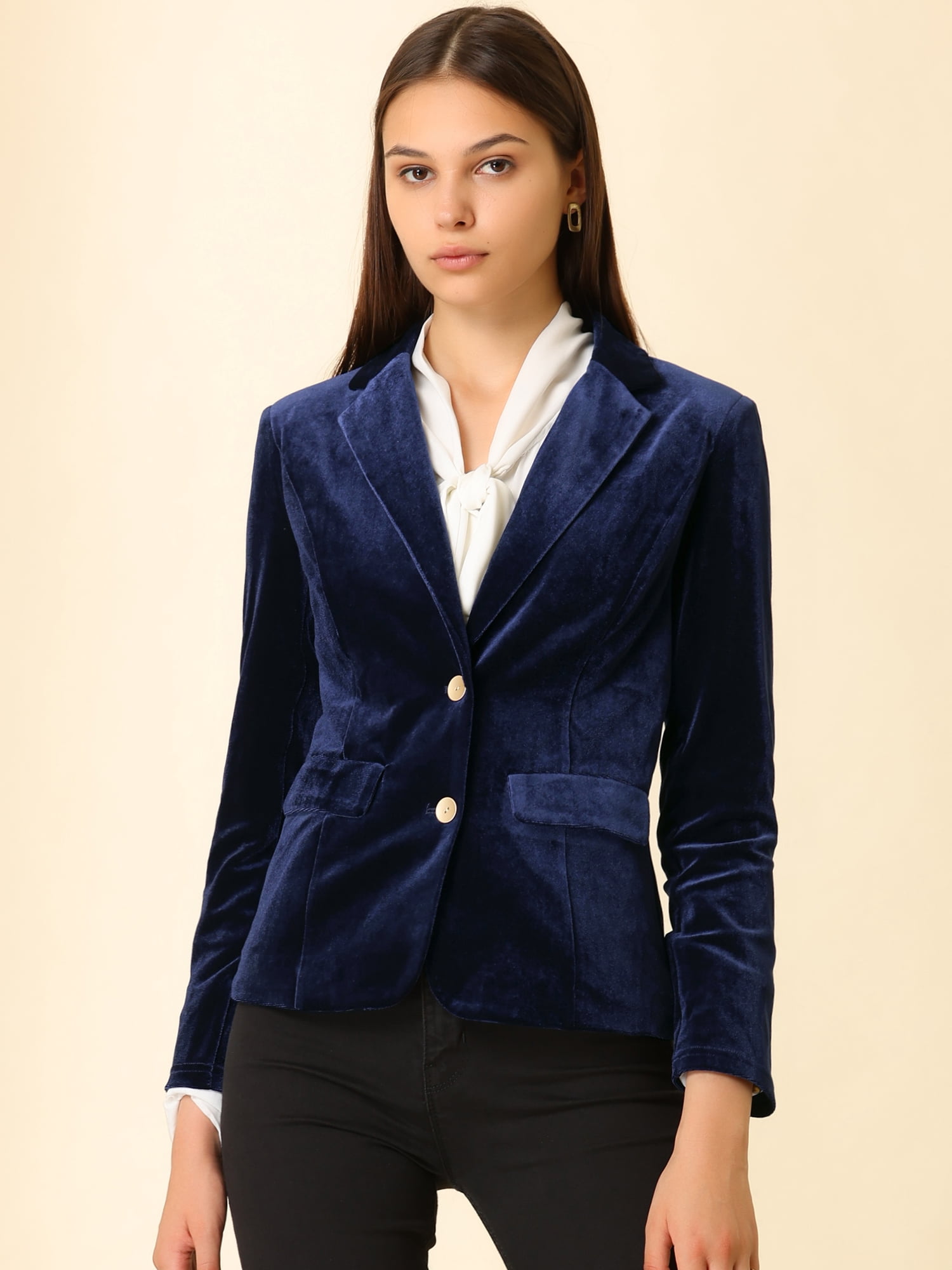 DARING DIVA Women's Notched Lapel Button Front Office Velvet Blazer M Dark Blue