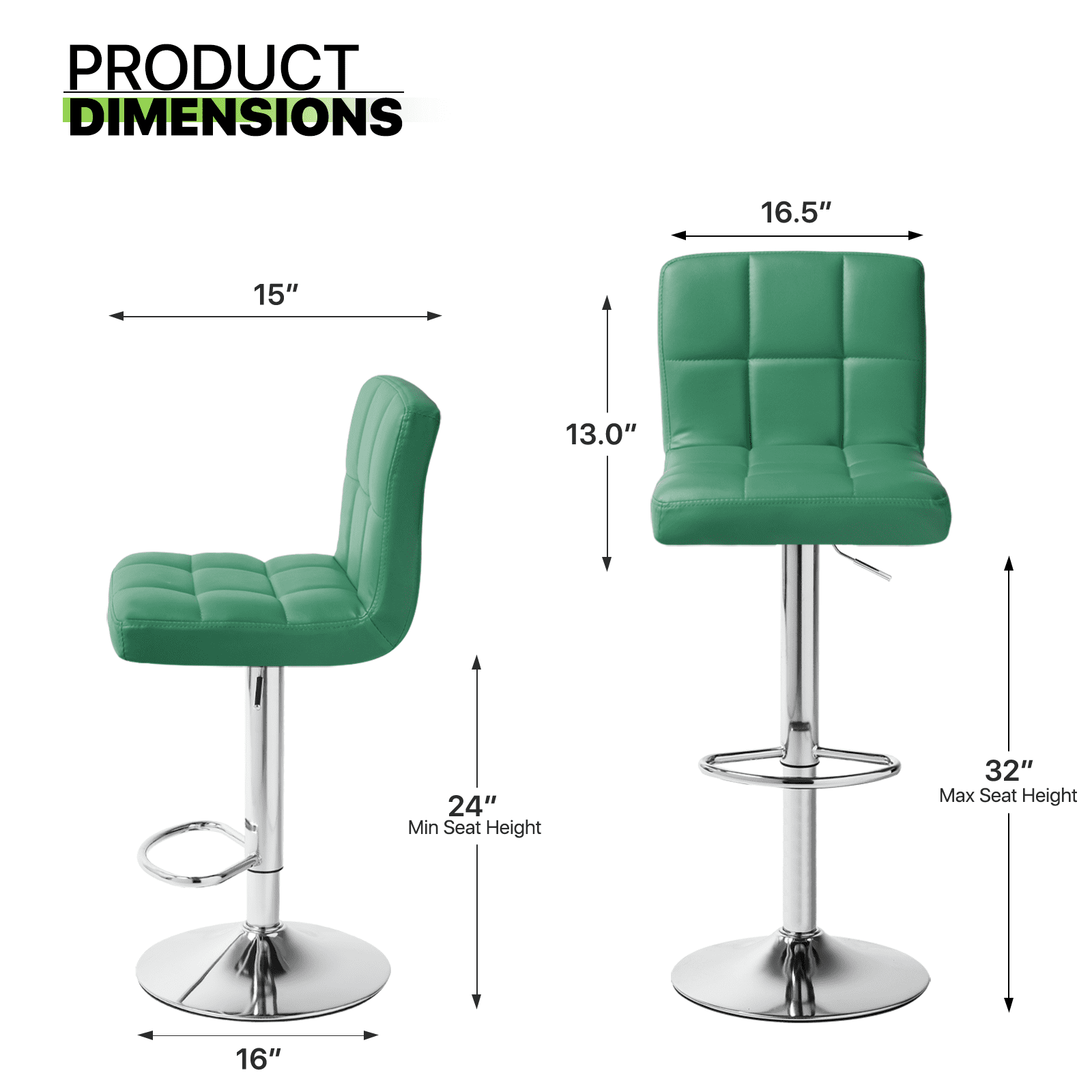 Magshion Modern Adjustable Swivel Bar Stools, Armless Kitchen Counter Barstools Faux Leather Square Island Barstool with Back Set of 2 Teal Green