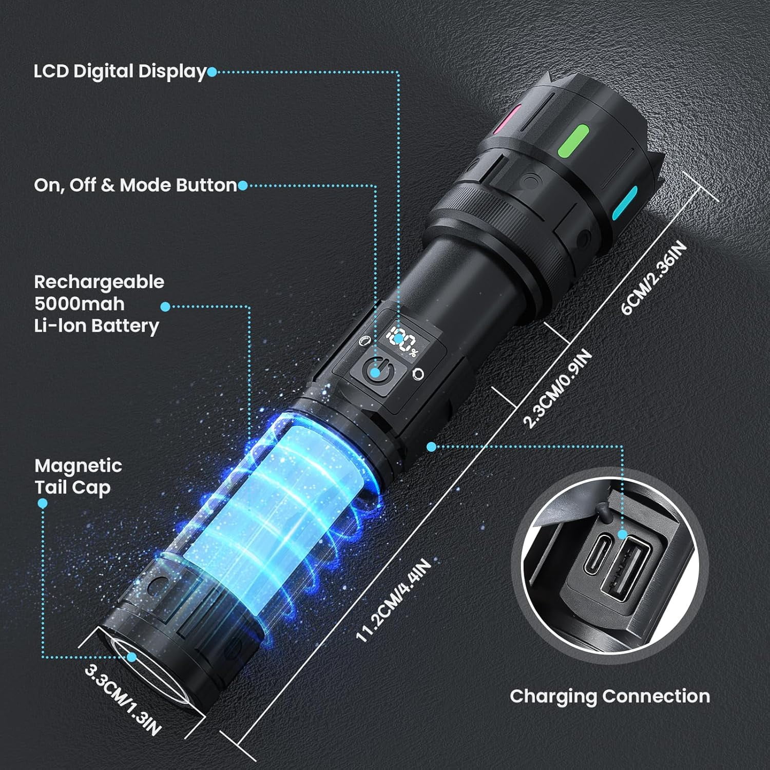 Rechargeable Flashlight, 2000 High Lumens, 5 Modes Super Bright LED Flashlight, USB-C Charging,1000m Long Distance, IPX54 Waterproof for Camping Hiking