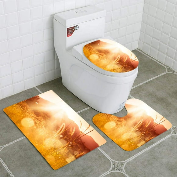 JSDART Mission Grass backlitght and Bokeh at Sunset Mountain 3 Piece Bathroom Rugs Set Bath Rug Contour Mat and Toilet Lid Cover