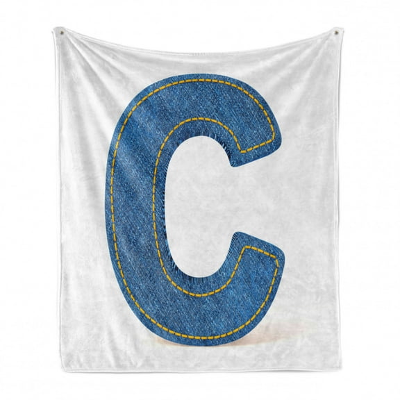 Letter C Soft Flannel Fleece Throw Blanket, Alphabet Sign Writing Language Uppercase C Denim Retro Design Stitches, Cozy Plush for Indoor and Outdoor Use, 60" x 80", Blue Yellow, by Ambesonne