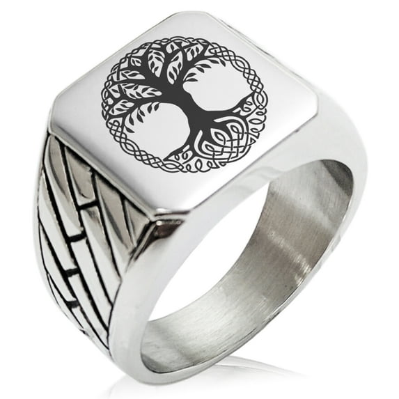 Stainless Steel Yggdrasil Great Tree of Life Viking Norse Geometric Pattern Biker Style Polished Ring