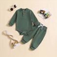 thumbnail image 2 of TOWED22 Baby Boy Fall Clothes Solid Color Romper Long Sleeve Shirt Onesie and Pants 2Pcs Winter Outfit Set,Dark Green,18-24 M, 2 of 5