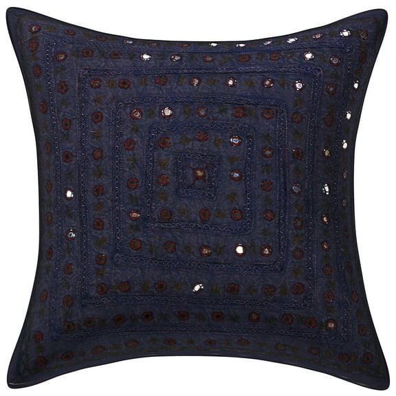 Stylo Culture Indian Settee Sofa Throw Pillow Cover Boho Embroidered 16 x 16 Mirrored Dark Blue Bohemian 40cm x 40cm Lounge Decor Cotton Geometric Square Cushion Cover | 1 Pc