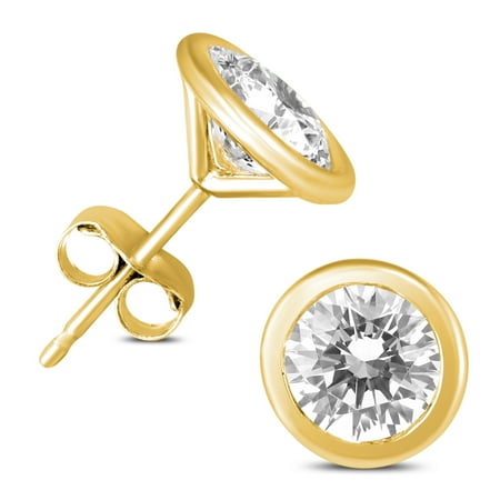 1 Carat TW AGS Certified Bezel Diamond Solitaire Stud Earrings in 14K Yellow Gold