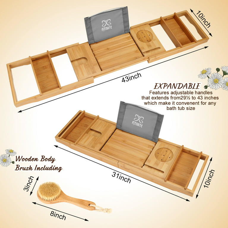 FITNATE Bamboo Bathtub Caddy Tray, Wooden Bathtub Caddy 31 to 43  Extendable Non-Slip Bamboo Tray for Most Bathtubs, with Extra Body Brush 