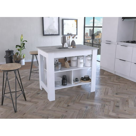 Knubmt Kitchen Island with 3 Open Shelves, Wood Island Table for Dining Room, White   Light Gray