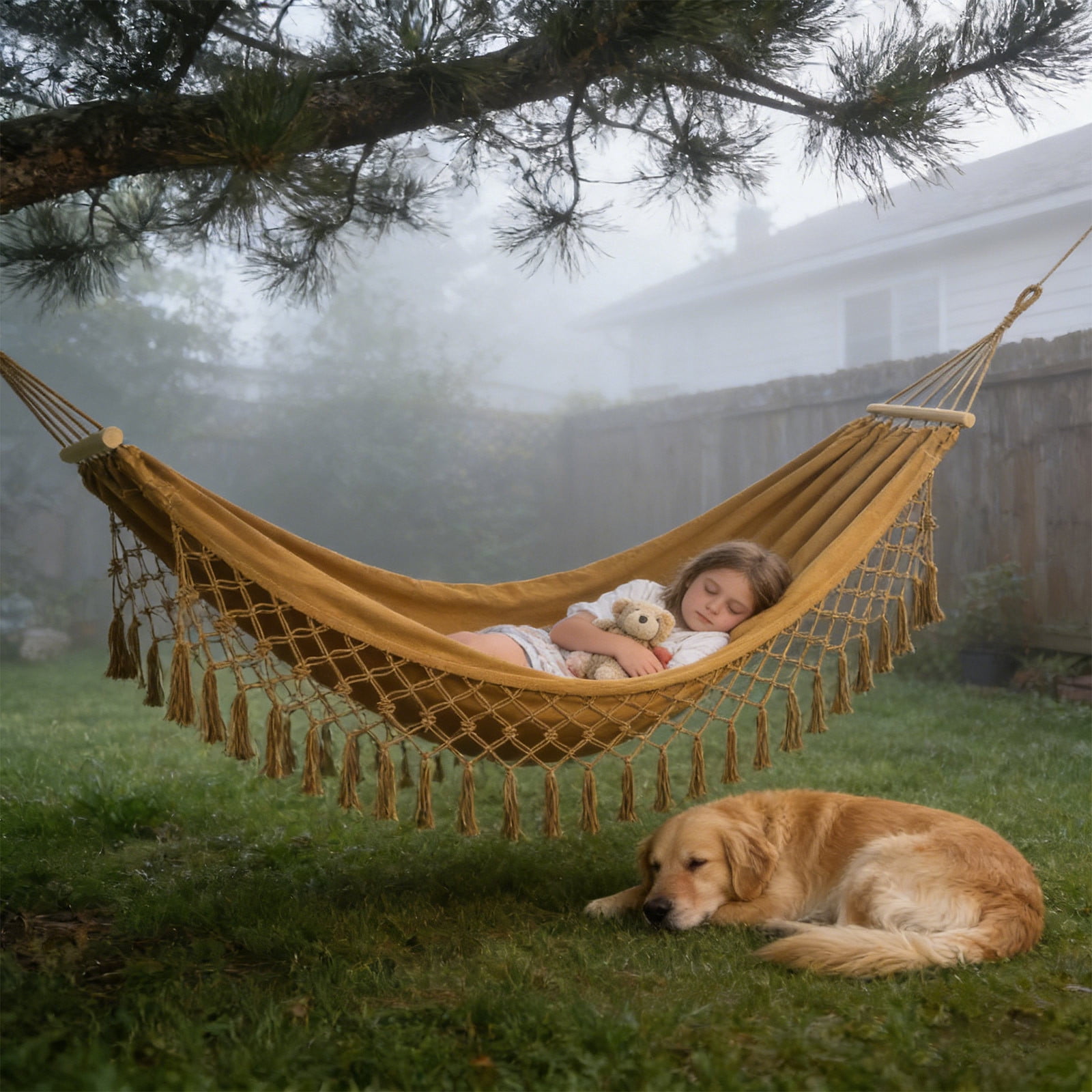 Double Camping Hammock With Boho Fringe Tassels - Anti-Tip Heavy Duty Canvas Outdoor Swing Bed 92.5x53.1in For Backyard Patio Porch Garden Travel