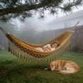 thumbnail image 4 of Upgraded Double Camping Hammocks With Anti Tip Fringe Tassels Heavy Duty Canvas Outdoor Swings Bed For Backyard Patio Home Porch Portable Garden Hammocks Q, 4 of 6