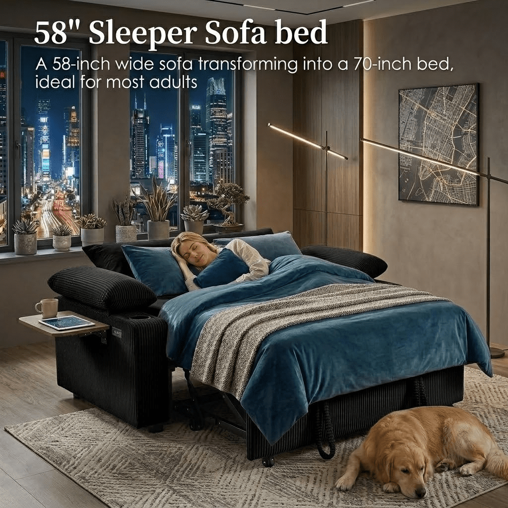 58" Sleeper Sofa Bed, Convertible Pull Out Couch Bed Corduroy Loveseat with Adjustable Backrest, USB Charging Ports, Cup Holders & Foldable Side Table for Living Room Apartment,Black
