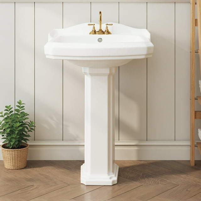 BeesClover Classic Ceramic Pedestal Basin for Bathroom, Square Washbasin with 8-Inch Center Set Faucet Holes, Space Saving Pedestal Sink for Small Bathroom Renovation and Vanity Update