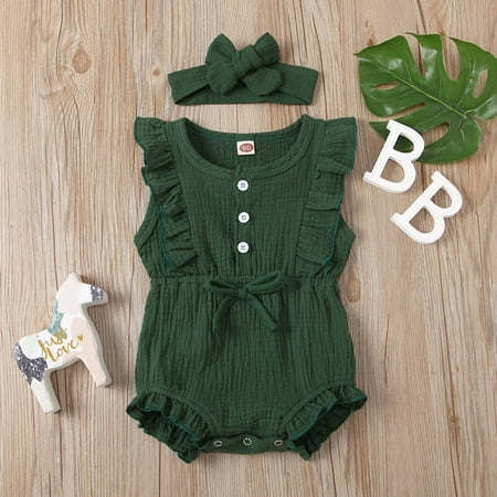 

Leutsin Toddler Girl Baby Solid Color Jumpsuit Ruffled Bodysuit + Infant Headband