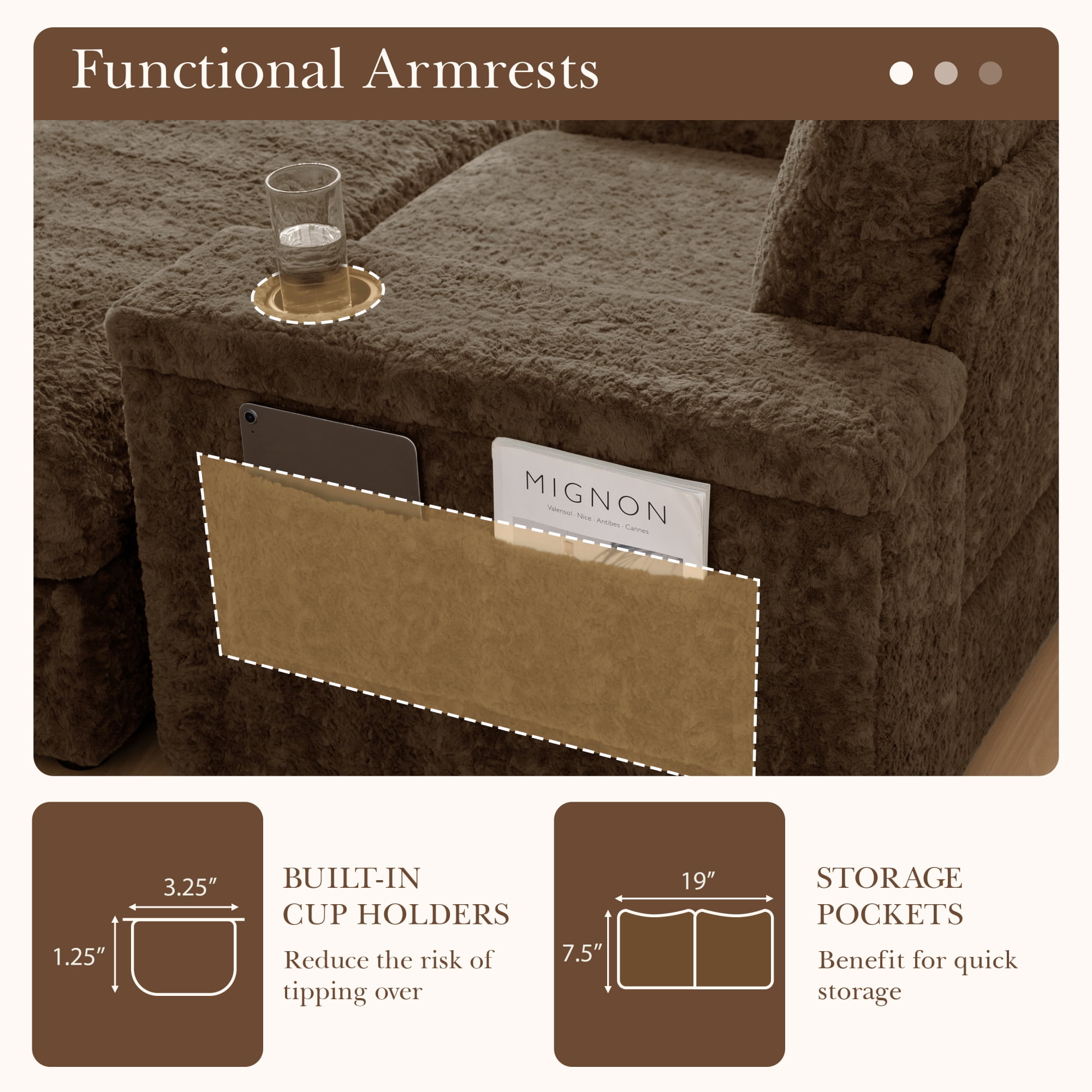 42" Oversized Chaise Lounge Chair Indoor,Upholstered Accent Chair Armchair with Storage Ottoman and Cup Holders, Reading Couch with Deep Seat for Living Room,Bedroom,Brown