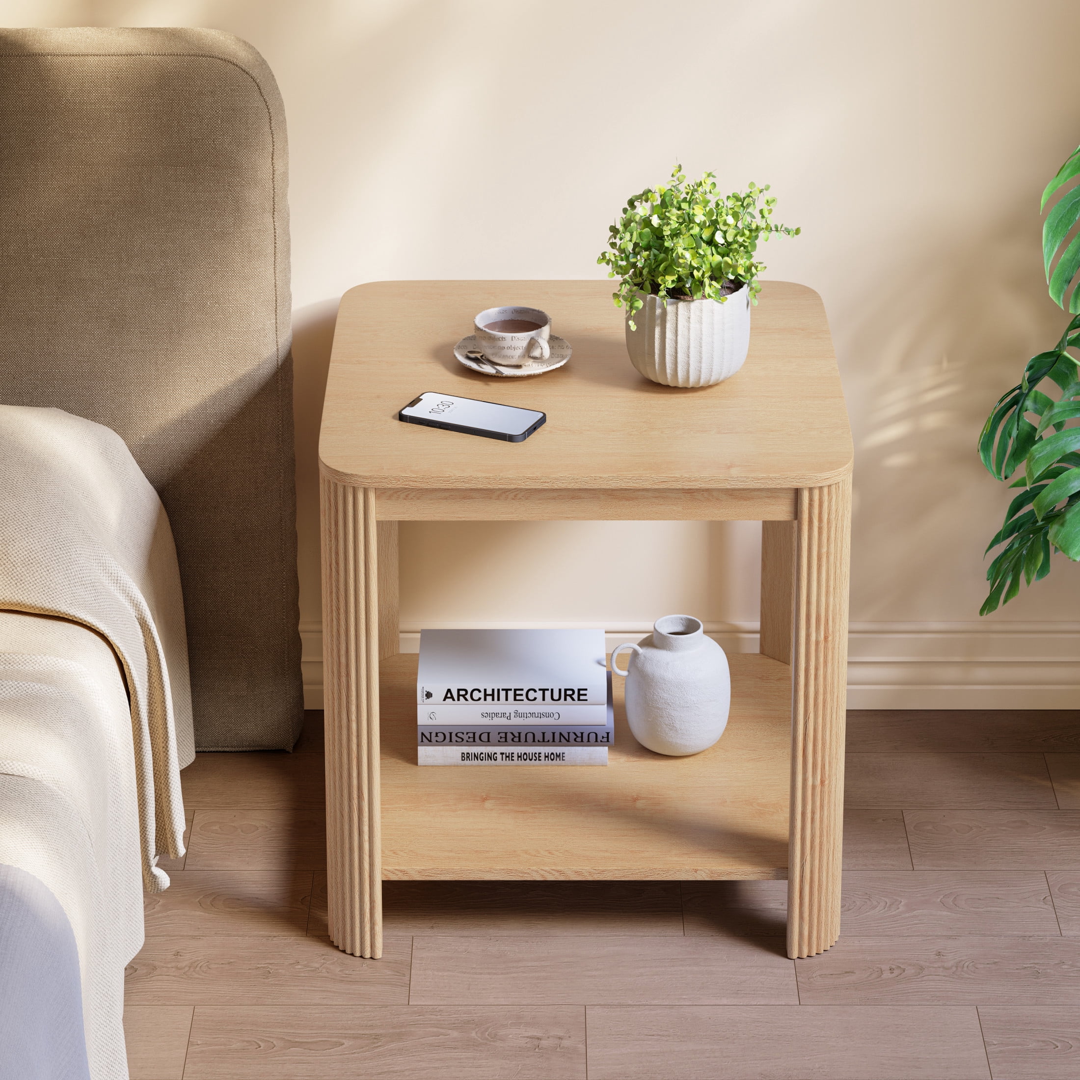Noble House 22.1-Inch Boho End Table with 2-Tier Open Shelf, Rounded Corners, Vertical Wave Grain Legs, Oak