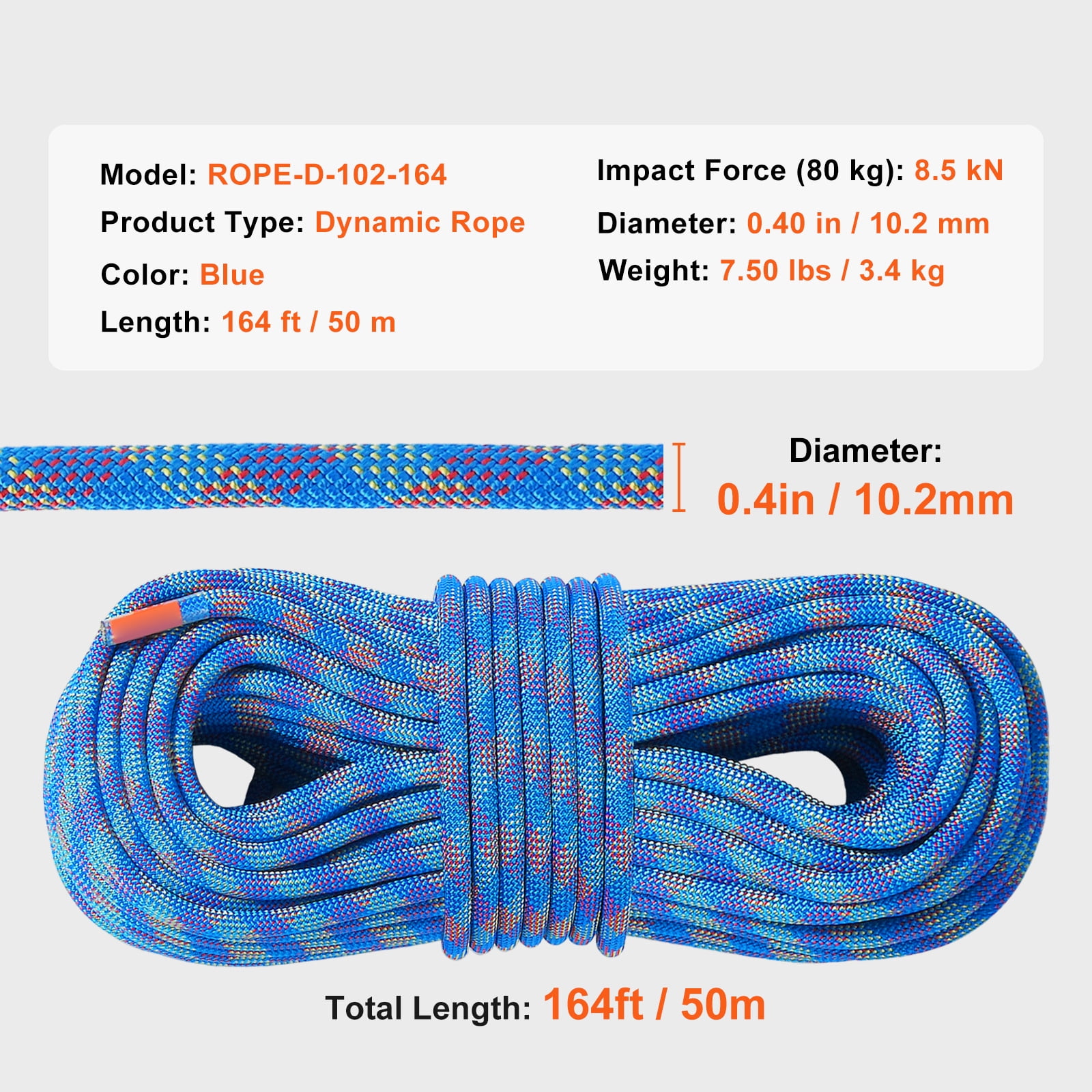 KFFKFF 10.2mm Dynamic Rope, 50M Stretchable Fiber for Climbing, 25KN Tension, Includes Steel Hooks for Rappelling, Escape, Fire Rescue, Blue