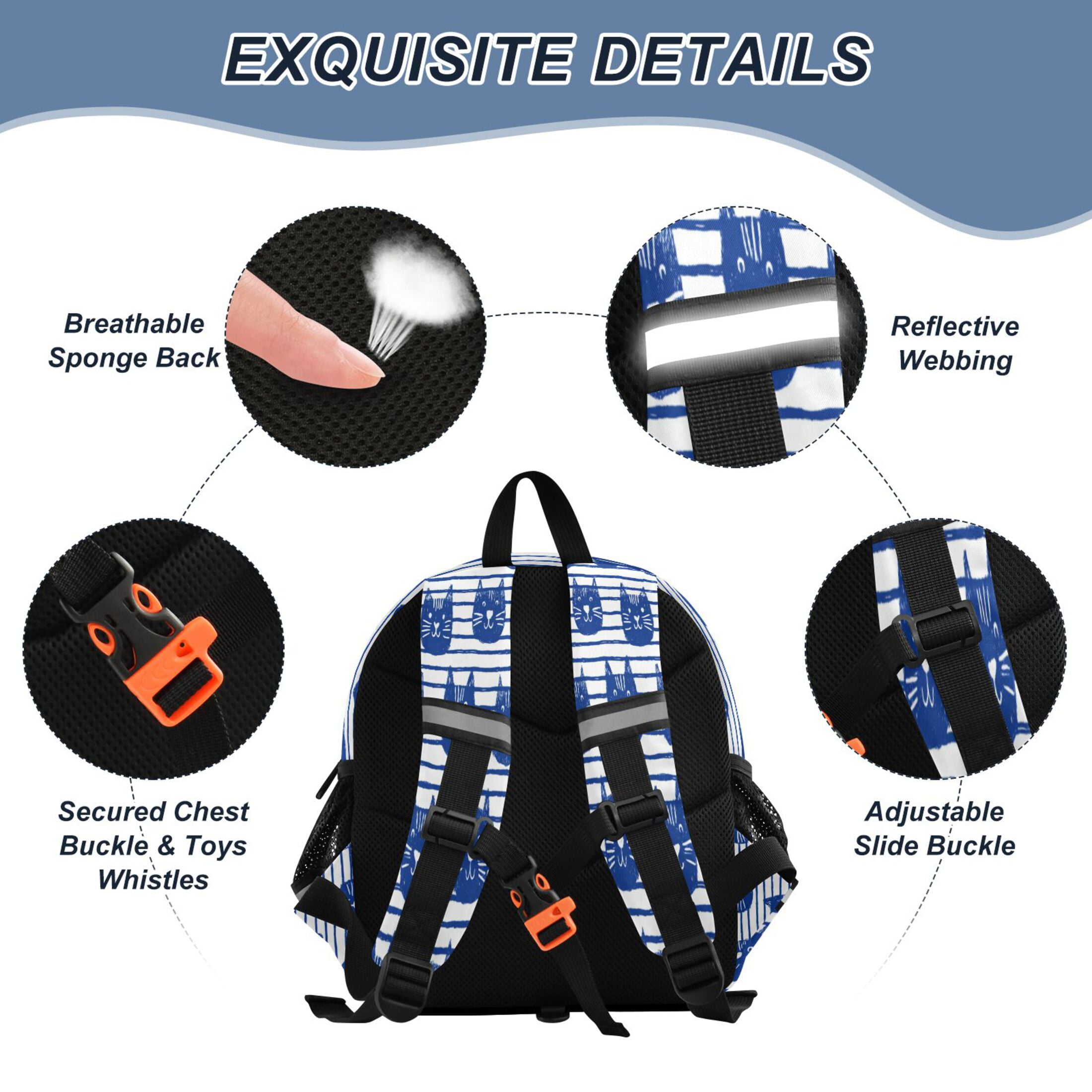 RMDQTR Adorable Ear-Print Backpack with Reflective Strip and Anti-Lost Leash Adjustable Shoulder Straps Mini Travel Backpack Cute Cat Faces in Blue