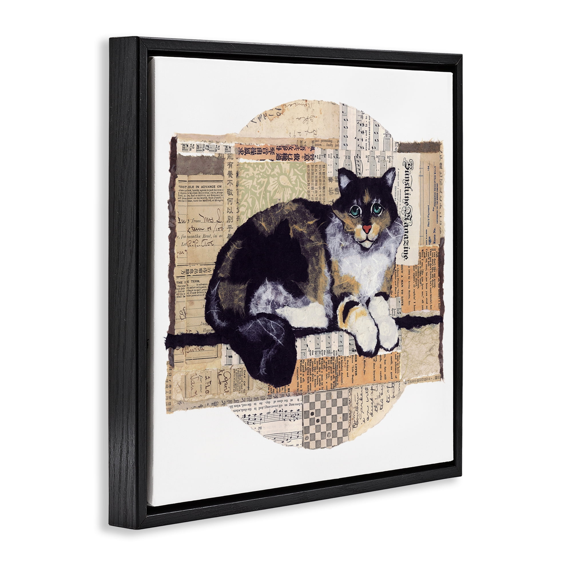 Stupell Industries Cat with Vintage Collage Animals & Insects Painting Black Floater Framed Canvas Art Print Wall Art, 18 x 18