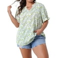 thumbnail image 1 of Blusas de verano casuales para mujer de tallas grandes Agnes Orinda, con estampado floral, cuello en V con volantes y mangas cortas abullonadas 3X verde, 1 of 8