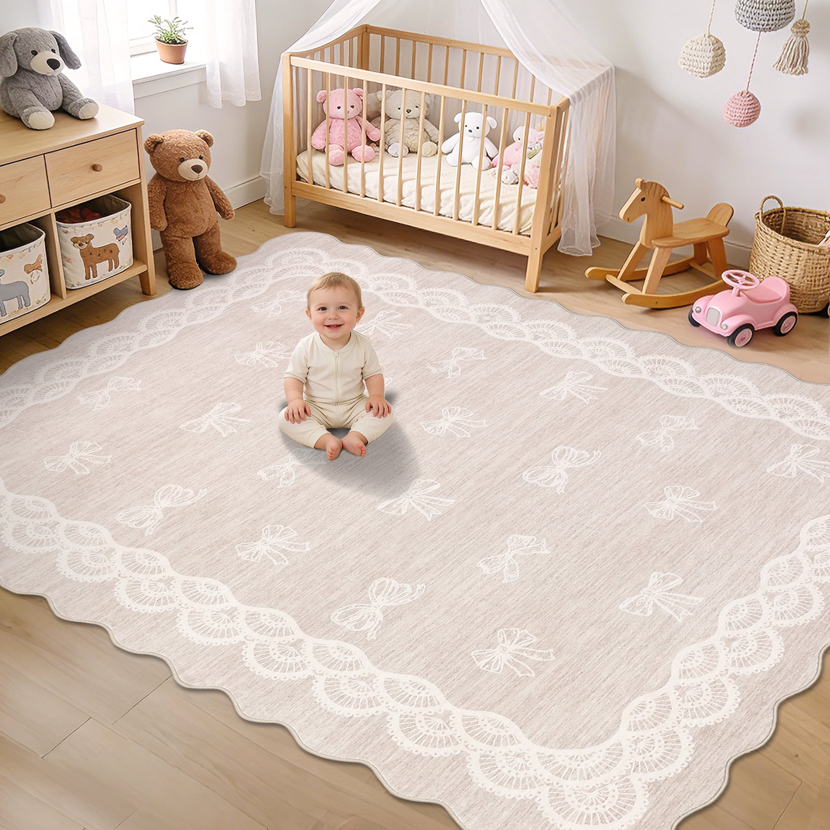 Garvee 9x12 Wave Border Area Rug Coquette Bow Pattern Carpet, Machine Washable Low Pile Rug with Non-Slip Backing for Living Room Bedroom Home Office, Beige