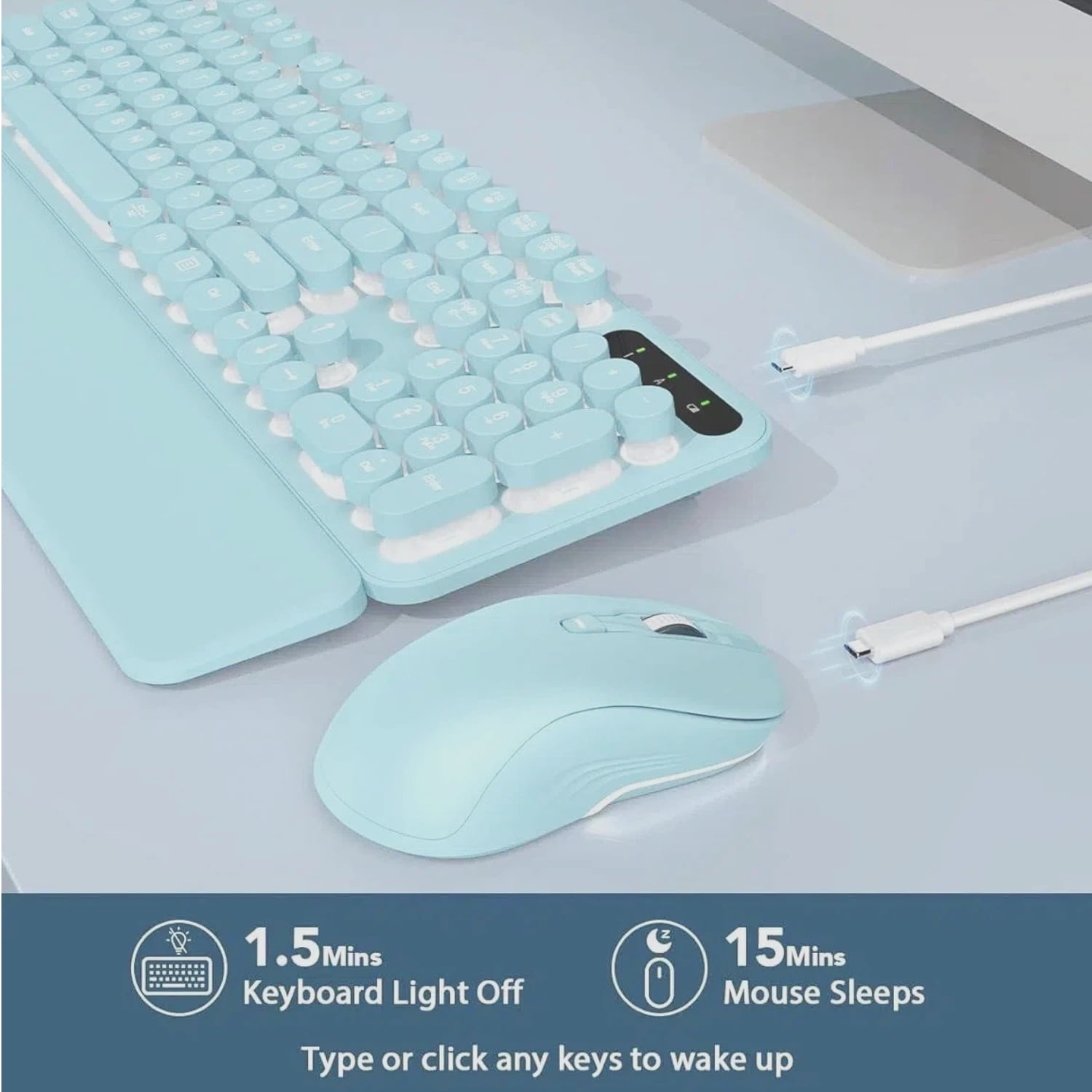 Wagpak Wireless Keyboard and Mouse Backlit - Retro Round Keycaps, Detachable Wrist Rest, Mint Green, New, 1 Count