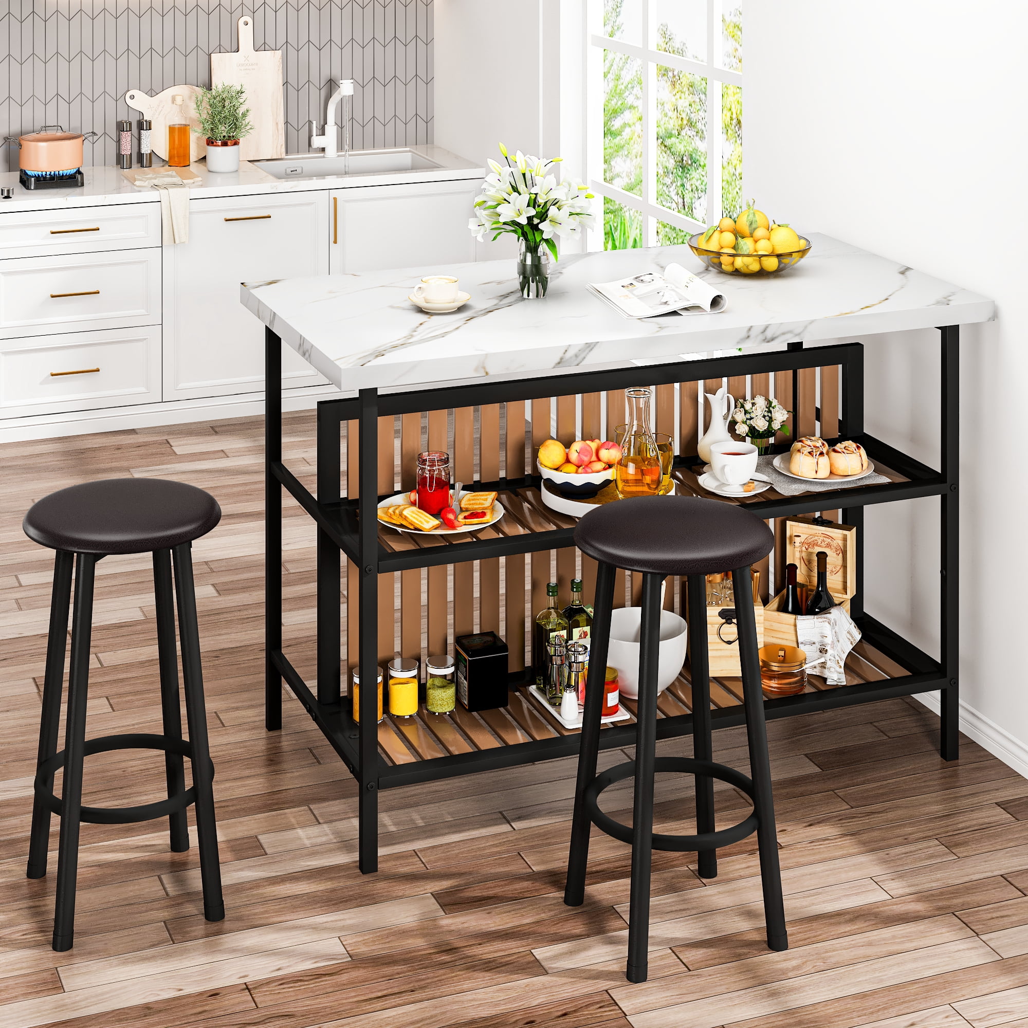 Cvortll Kitchen Island with Seating and Storage, 47.2" Wooden Counter Height Bar Table with 2 Stools, Space Saving Dining Table Set for Small Apartment or Bistro, White