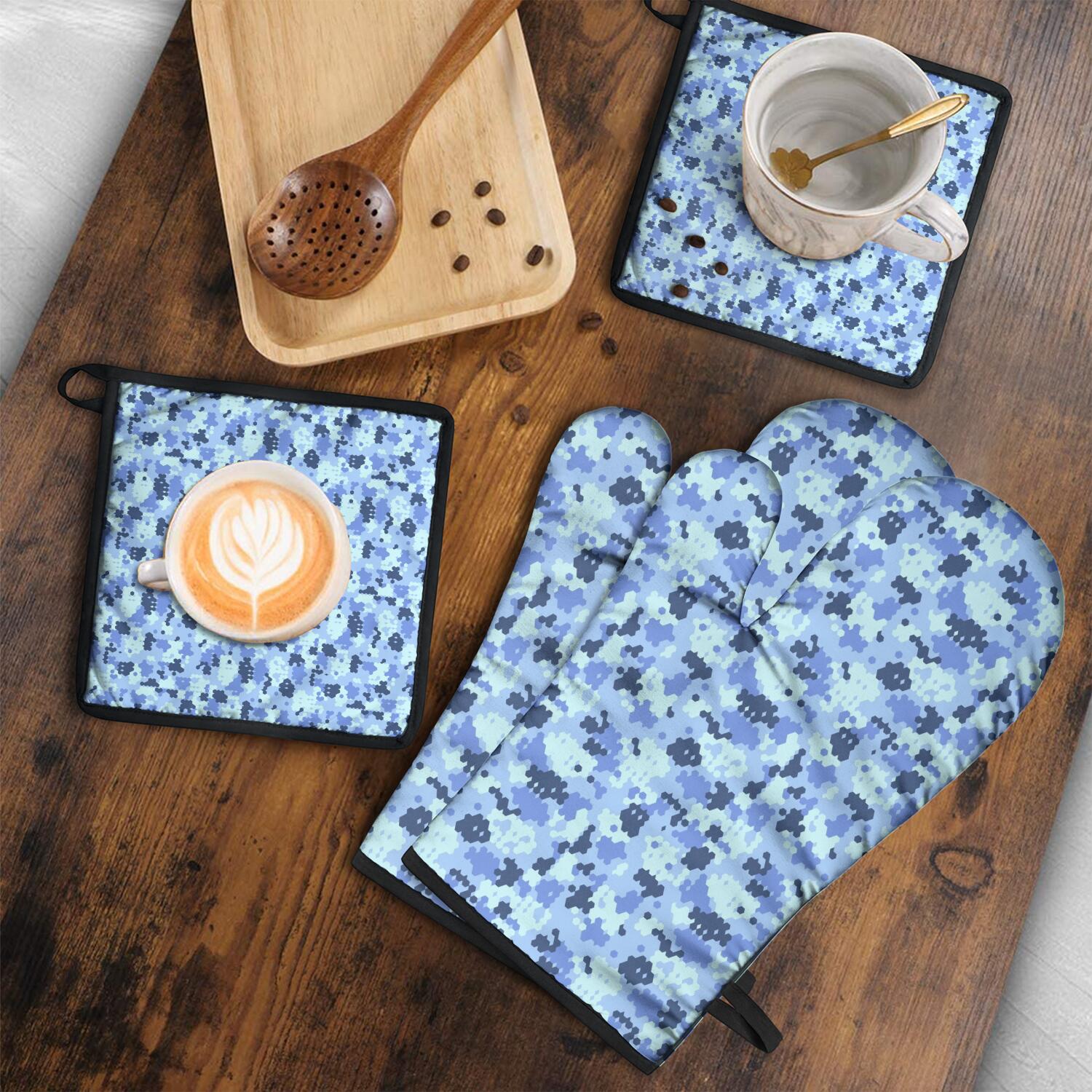 Camouflage Oven Mitts and Pot Holders Set Of 4, Heat Resistant Kitchen Gloves with Non-Slip Grip, Hanging Loop, Soft Cotton Lining for Baking, Cooking, Grilling, Barbecue