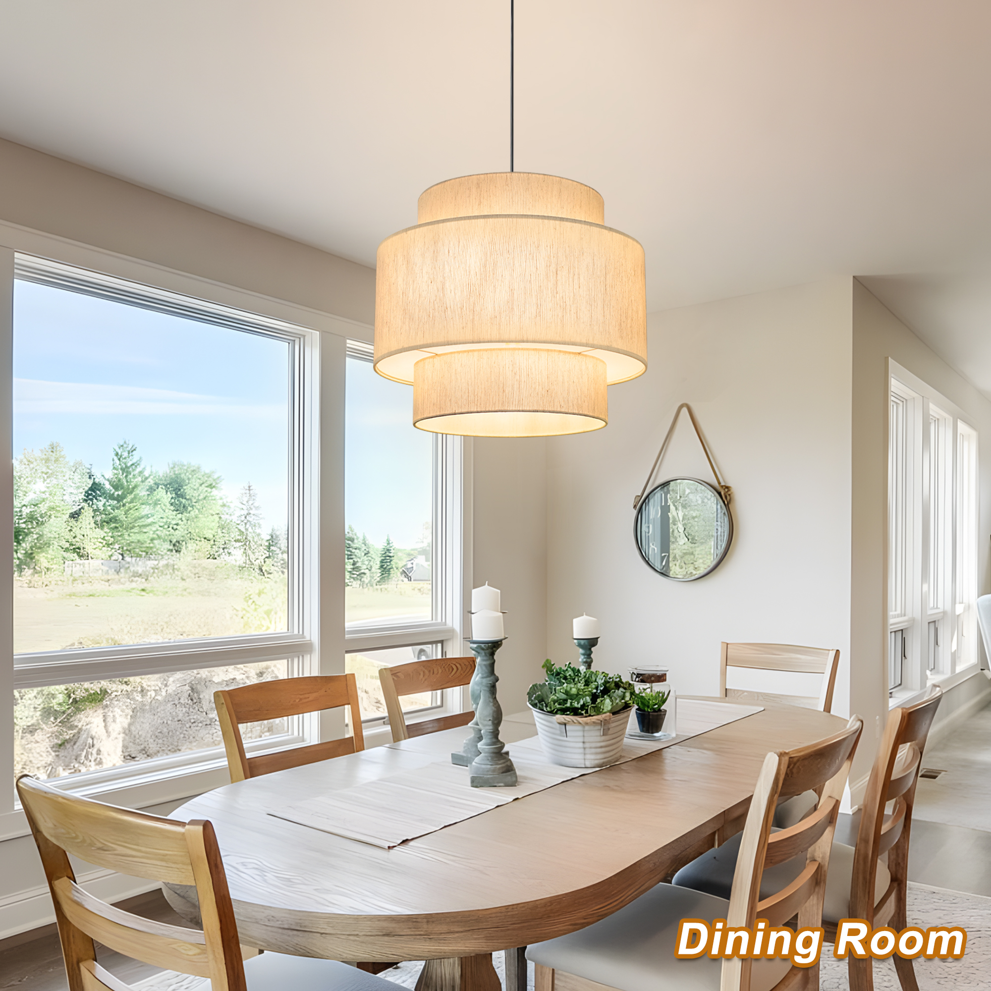 Uznhty 3-Tier Pendant Lights 19.7 inch Drum Chandeliers for Dining Room Light Fixture with Large Beige Linen Lamp Shade for Kitchen Island Living Room Foyer Bedroom E26