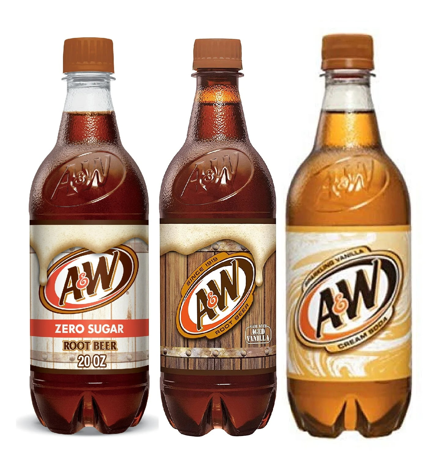 A&W Root Beer Soda, 20 Fl Oz (Root Beer/Zero Sugar/Cream Soda) Pack of 6