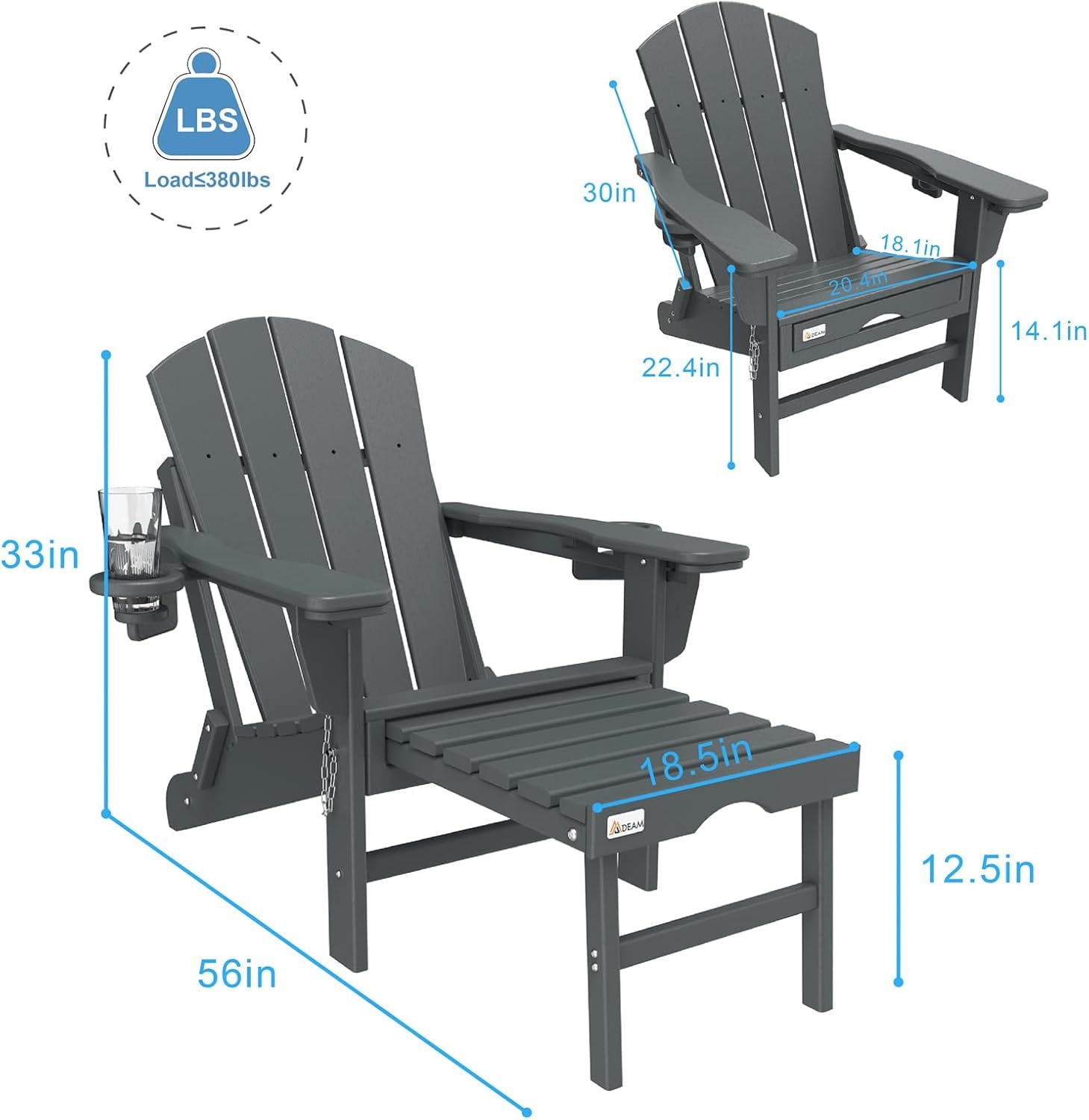 Erinnyees 3-Level Adjustable Adirondack Chair with Retractable Ottoman, HDPE All-Weather Folding Fire Pit Chair with 2 Cup Holders, Outdoor Chair for Deck Patio Garden Backyard Lawn