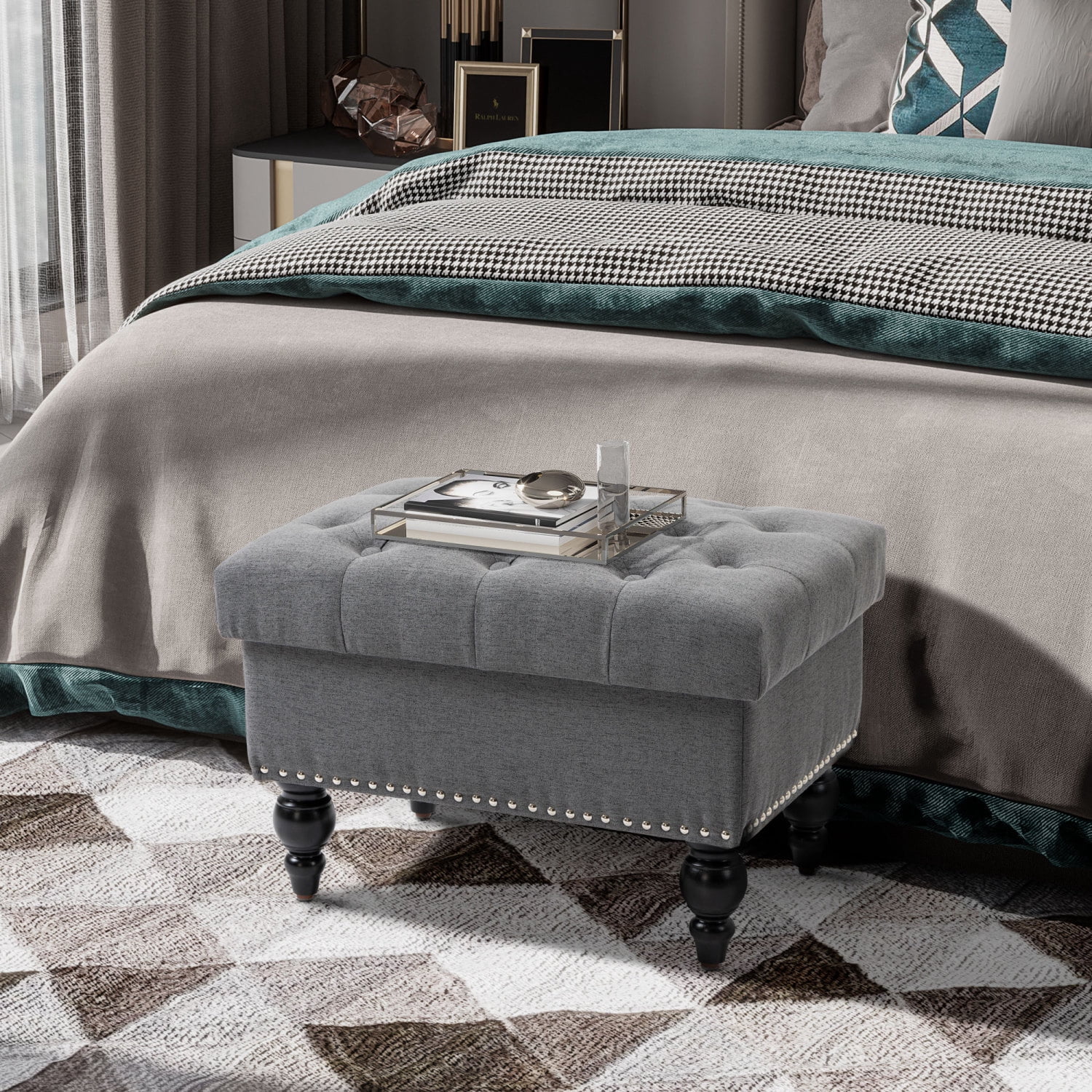 Ottoman With Storage For Living Room, 25" Tufted Storage Ottoman With Removable Lid & Wood Legs, Plush Fabric Footrest & Seat, Gray