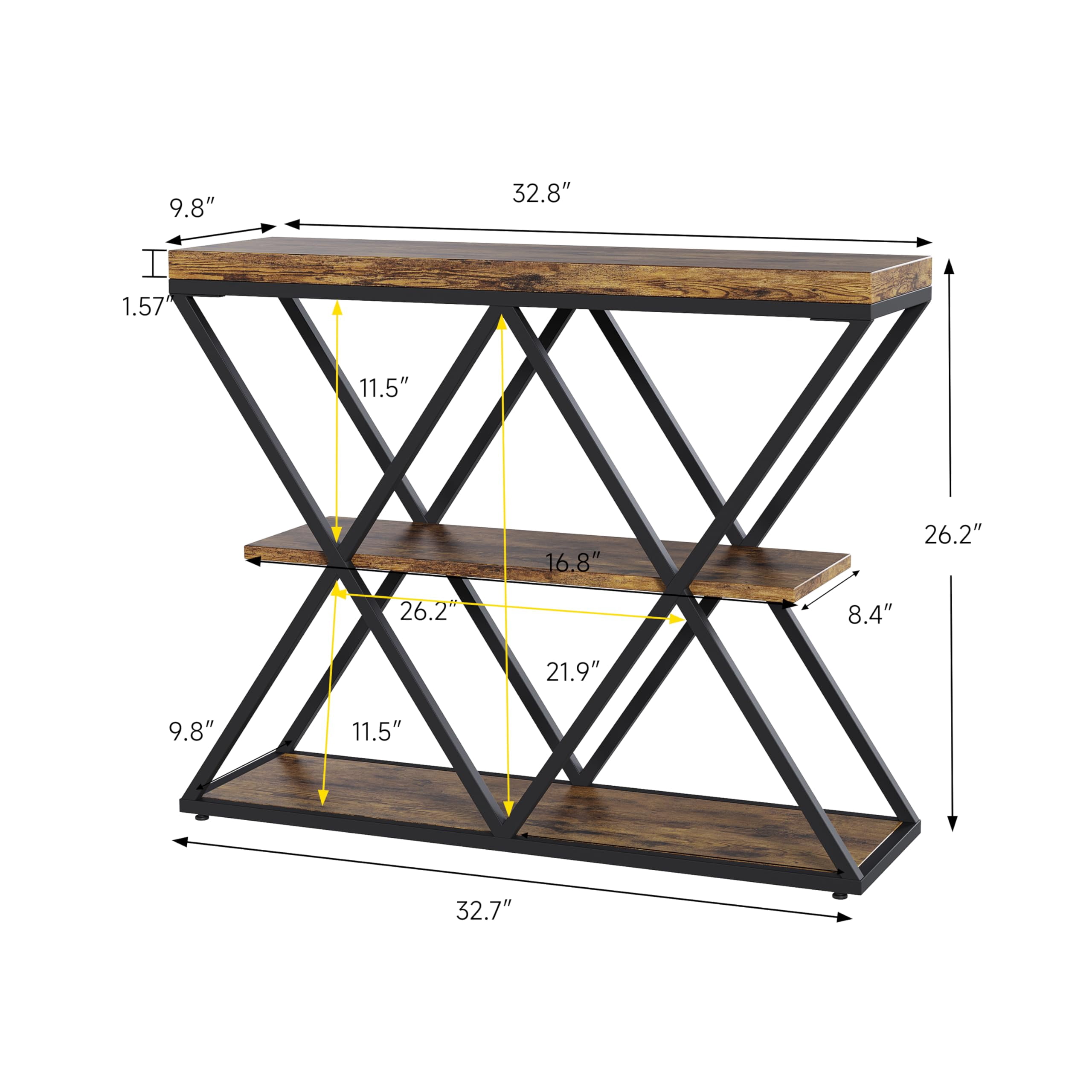 3-Tier Industrial Entryway Console Table - X-Shaped Metal Frame & Open Storage Shelves, Ideal Hallway Accent Table