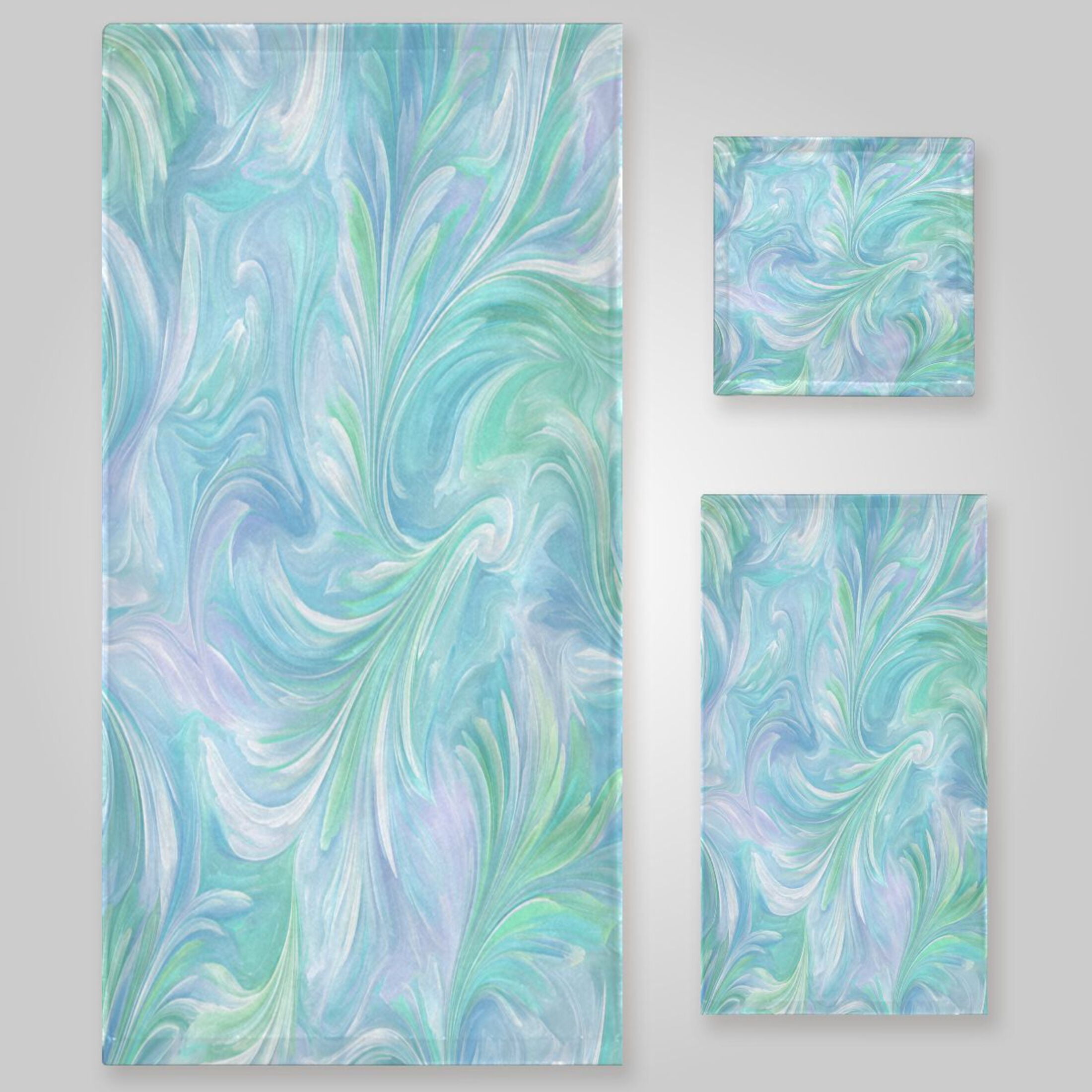 3 Sizes Towel Set - Bath Towel, Hand Towel & Washcloth for Daily Household Use Aqua Swirl Feather Design