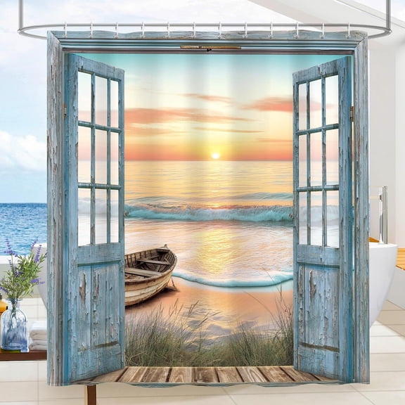 Beach Ocean Shower Curtain Blue Rustic Barn Door Bathroom Curtain Set Decors for Home Polyester Waterproof Fabric with Hooks-60"W x 72"L (Pack of 1)