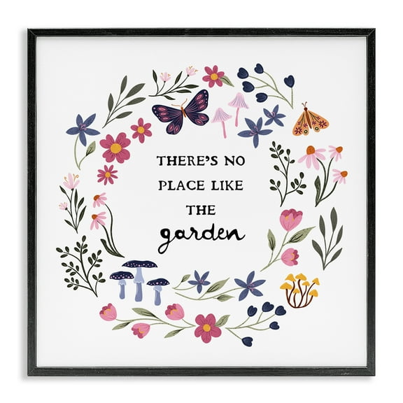 Stupell Industries No Place Like Garden Wreath Plants & Flowers Painting Black Framed Art Print Wall Art, 12 x 12