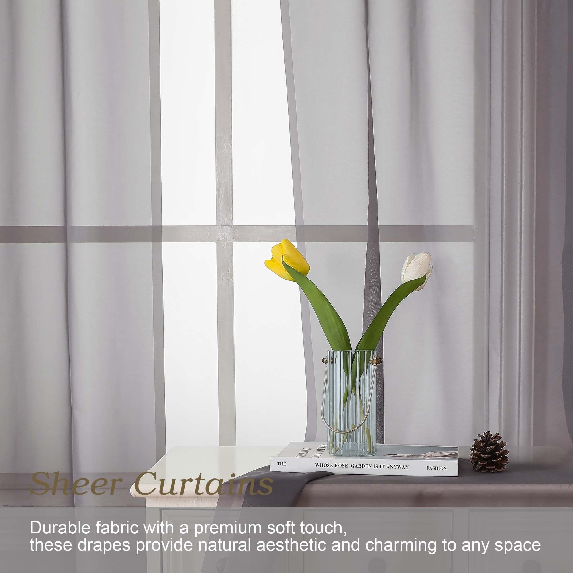Patin Charcoal Grey Sheer Curtains 24 Inch Length 2 Pcs, Voile Solid Color Short Kitchen Curtain, Breathable Farmhouse Drapes Dual Rod Pockets for Bedroom Cafe Bathroom, Each Panel 42" W x 24" L