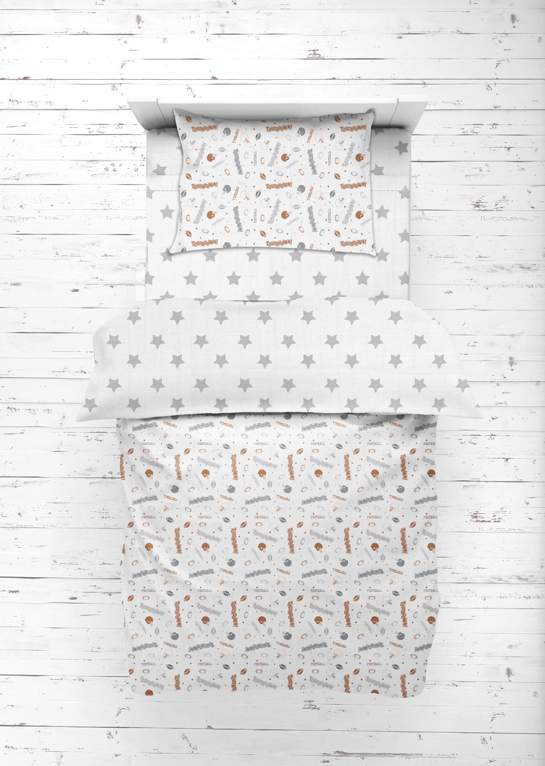 Bacati - Sports 100% Cotton breathable Muslin 3-Piece Toddler Bedding Sheet Set, Football Brown/Grey