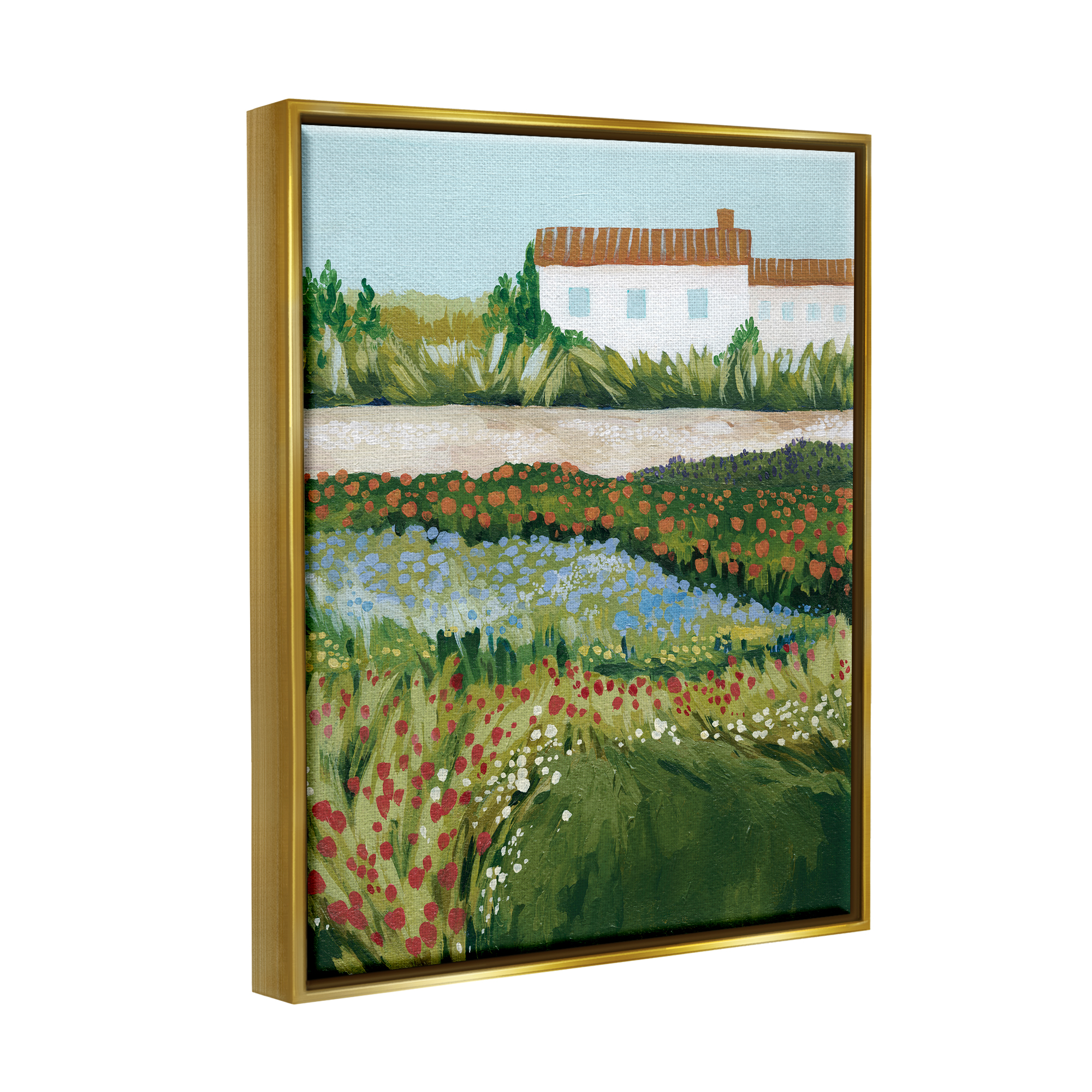 Stupell Country Cottage Meadow Road Landscape Painting Gold Floater Framed Art Print Wall Art