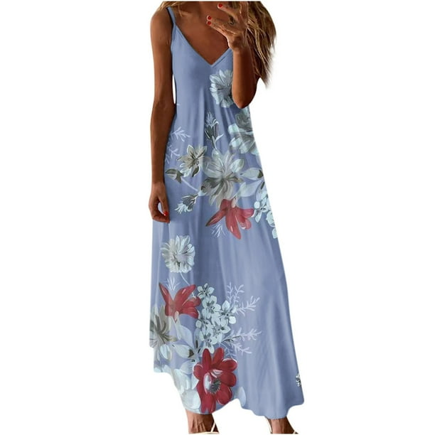ZQGJB Discount Summer Dresses for Women 2023 Sleeveless Boho Floral Print Spaghetti Strap V Neck