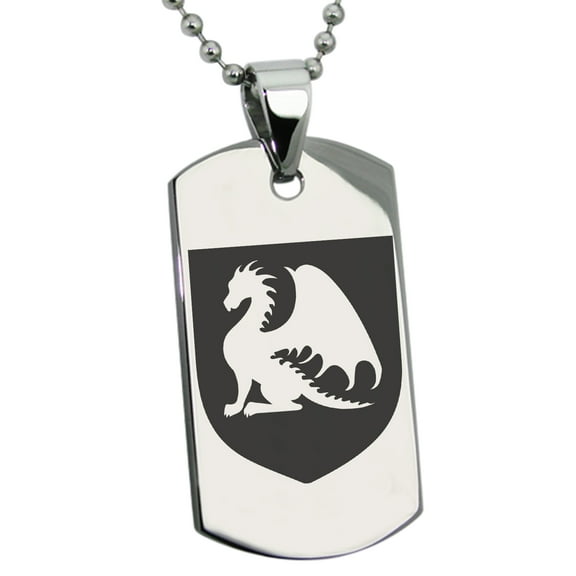 Stainless Steel Dragon Guardian Coat of Arms Shield Engraved Dog Tag Pendant Necklace
