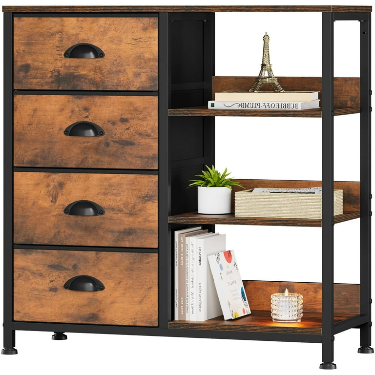 Dextrus 4-Drawer Storage Tower with Side Shelf, Rustic Brown Dextrus 4-Drawer Storage Tower with Side Shelf, Rustic Brown