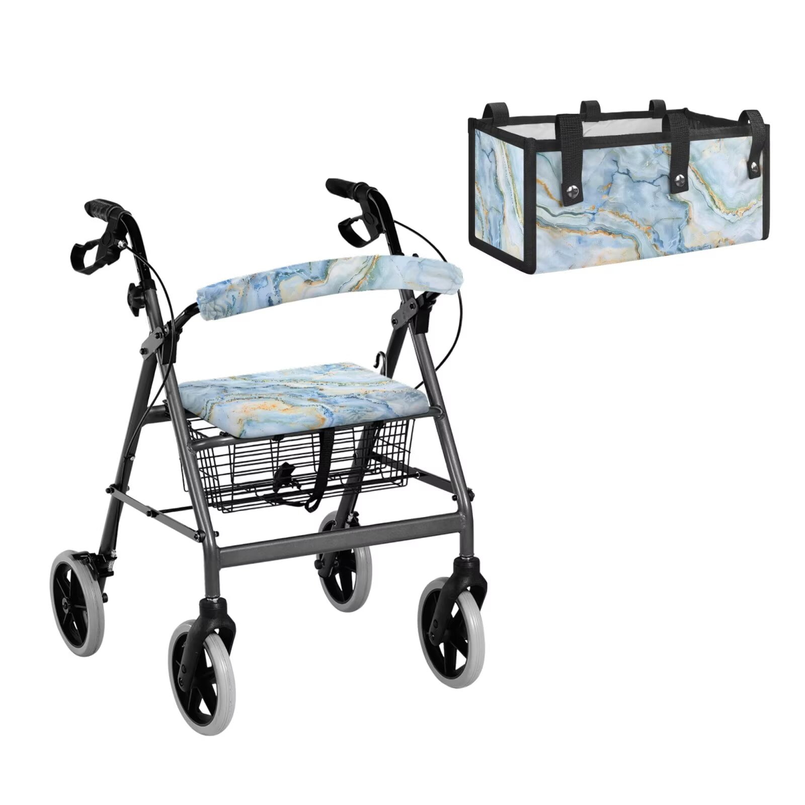 COEQINE Rollator Walker Seat and Backrest Covers with Storage Bag 3 Pieces Set, Universal Washable Rollator Walker Accessories Gifts for Seniors Ladies, Light Blue Marble