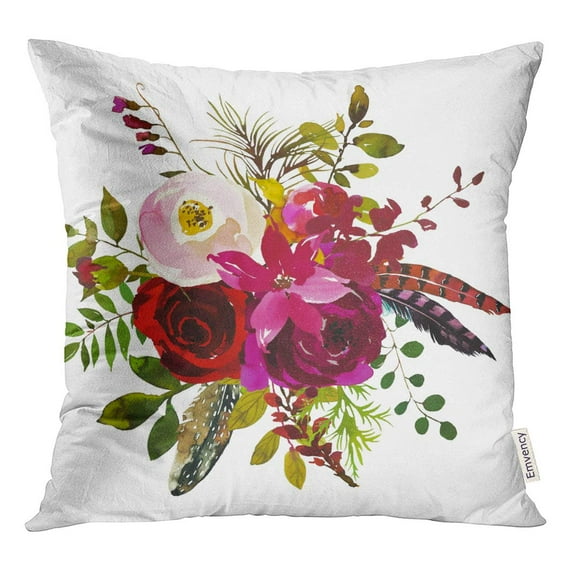 STOAG Watercolor Boho Burgundy Red White Magenta Floral Round Bouquet Throw Pillowcase Cushion Case Cover 16x16 inch